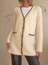 Load image into Gallery viewer, Cable - Alpaca/Wool blend Fluffy Cardigan - Cream/Navy Trim - S
