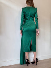 Load image into Gallery viewer, Alex Perry - Satin Draped LS Twisted Front Midi Dress - Emerald - 10
