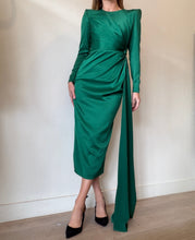 Load image into Gallery viewer, Alex Perry - Satin Draped LS Twisted Front Midi Dress - Emerald - 10
