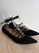 Load image into Gallery viewer, Valentino - Rockstud Lace Up Pointed Gladiator Ballet Flats - Black Suede - 37
