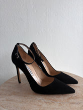 Load image into Gallery viewer, Manolo Blahnik - Black Suede Pointed Toe Pumps w ankle strap - Black - 37.5 - RRP $1245
