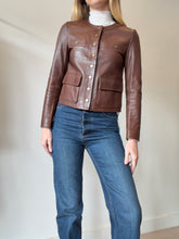 Load image into Gallery viewer, Goelia - Collarless Leather Jacket w Metal buttons - Brown - XS
