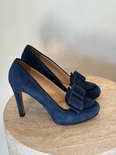 Load image into Gallery viewer, Prada - Suede Bow Pumps - Navy with Black Trim - 36 - RRP $790
