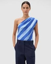Load image into Gallery viewer, Oroton - Slub Sik Stripe One Shoulder Top - Blue - 6 - RRP$249
