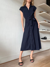 Load image into Gallery viewer, Scanlan Theodore - Sleeveless Crepe Knit Midi Shirt Dress w belt  - Navy - S
