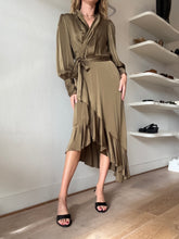 Load image into Gallery viewer, Zimmermann - LS Silk Ruffle Wrap  Midi Dress - Olive - 1

