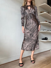 Load image into Gallery viewer, Husk - LS Silk Blend Keyhole Midi Dress - Taupe/Black Print - 8
