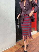 Load image into Gallery viewer, Vivienne Westwood - Horizontal Metallic Stripe Skirt w Fringed Hem  - Multi/Red/Blue  - S
