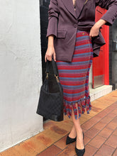 Load image into Gallery viewer, Vivienne Westwood - Horizontal Metallic Stripe Skirt w Fringed Hem  - Multi/Red/Blue  - S
