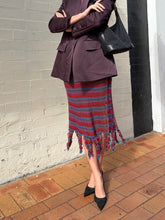Load image into Gallery viewer, Vivienne Westwood - Horizontal Metallic Stripe Skirt w Fringed Hem  - Multi/Red/Blue  - S
