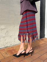 Load image into Gallery viewer, Vivienne Westwood - Horizontal Metallic Stripe Skirt w Fringed Hem  - Multi/Red/Blue  - S
