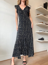 Load image into Gallery viewer, LoveShackFancy -Silk Ruffle Midi Dress - Black/Beige Star Print - 8
