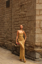 Load image into Gallery viewer, Aurela Hoxha - Honey Bloom Cherry Crystal Corset Beaded Dress - Honey - M - RRP$2190

