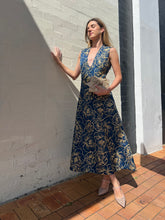 Load image into Gallery viewer, Leo Lin - Nicole V neck Midi Dress - Blue/Gold Floral  - 8

