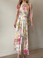 Load image into Gallery viewer, Carla Zampatti - Chiffon Draped Back Midi Dress - Ivory w FloralPink/Green Floral  - 10
