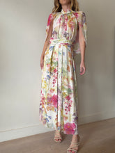 Load image into Gallery viewer, Carla Zampatti - Chiffon Draped Back Midi Dress - Ivory w FloralPink/Green Floral  - 10
