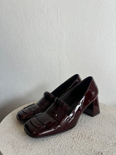 Load image into Gallery viewer, Husk - Tasselled Court Shoe w Block Heel - Patent Deep Burgundy - 39 - RRP$599
