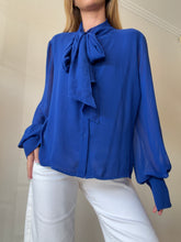 Load image into Gallery viewer, Carla Zampatti - Sheer LS Pussy Bow Shirt - Blue - 14
