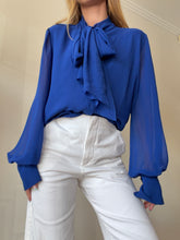Load image into Gallery viewer, Carla Zampatti - Sheer LS Pussy Bow Shirt - Blue - 14
