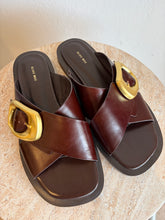 Load image into Gallery viewer, Alias Mae - Cross Over Slides - Brown w gold buckle - 39
