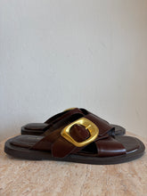 Load image into Gallery viewer, Alias Mae - Cross Over Slides - Brown w gold buckle - 39
