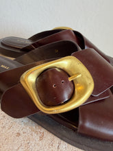 Load image into Gallery viewer, Alias Mae - Cross Over Slides - Brown w gold buckle - 39
