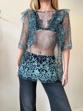 Load image into Gallery viewer, Scanlan Theodore - Sheer Lace SS Top w ruffle - Black/Teal - 12
