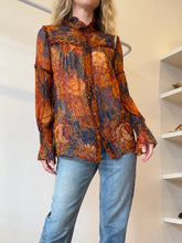 Load image into Gallery viewer, Antik Batik - Sheer Floral Blouse - Brown florals on navy - XS
