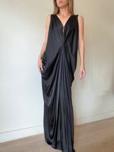 Load image into Gallery viewer, Camilla  - Silk Sleeveless Drape Front Maxi Dress w Exposed Zip- Black - S/M
