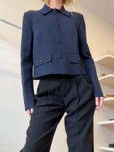 Load image into Gallery viewer, Scanlan Theodore - Boxy Crepe Knit Collared Jacket w buttons  - Navy - S
