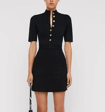 Load image into Gallery viewer, Scanlan Theodore - SS Crepe Knit Mini Dress w Gold Button &amp; Belt  - Black - M - RRP$650
