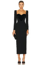 Load image into Gallery viewer, Alex Perry - Lyndon - Stretch Crepe L/S Contrast Sweetheart Maxi Dress w Velvet Bust Detail - Black - 14
